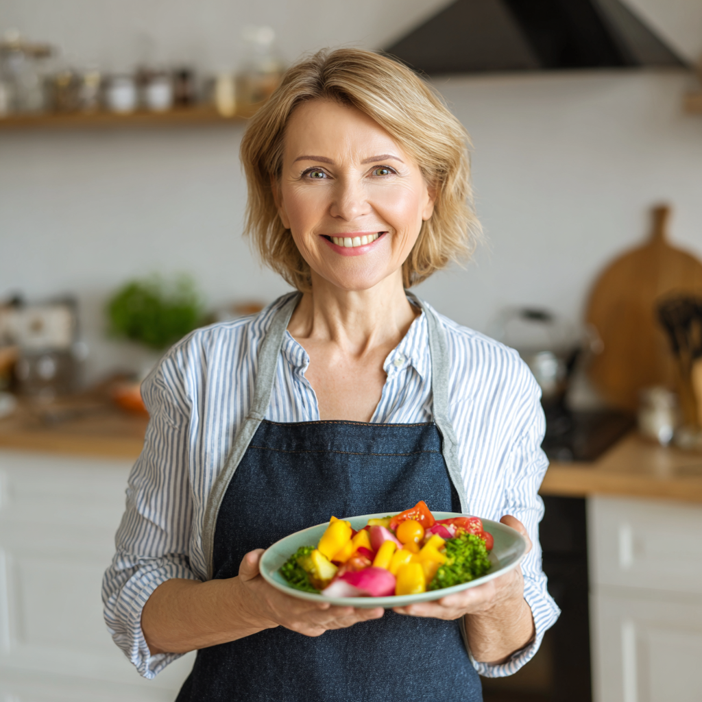 Smiling middle-aged Ukrainian woman in kitchen preparing fresh vegetables and grains for a healthy meal