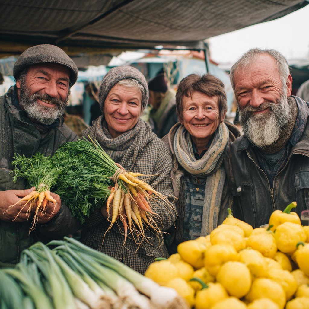 Diverse group of smiling Ukrainian adults of different ages holding fresh local vegetables and healthy foods